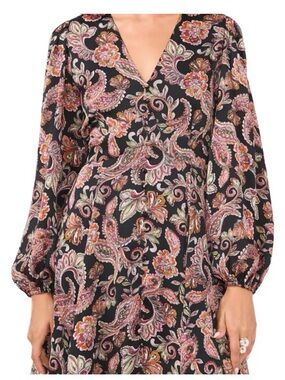 1. State Black Paisley-Print Long Sleeve V-Neck Dress sz 14
